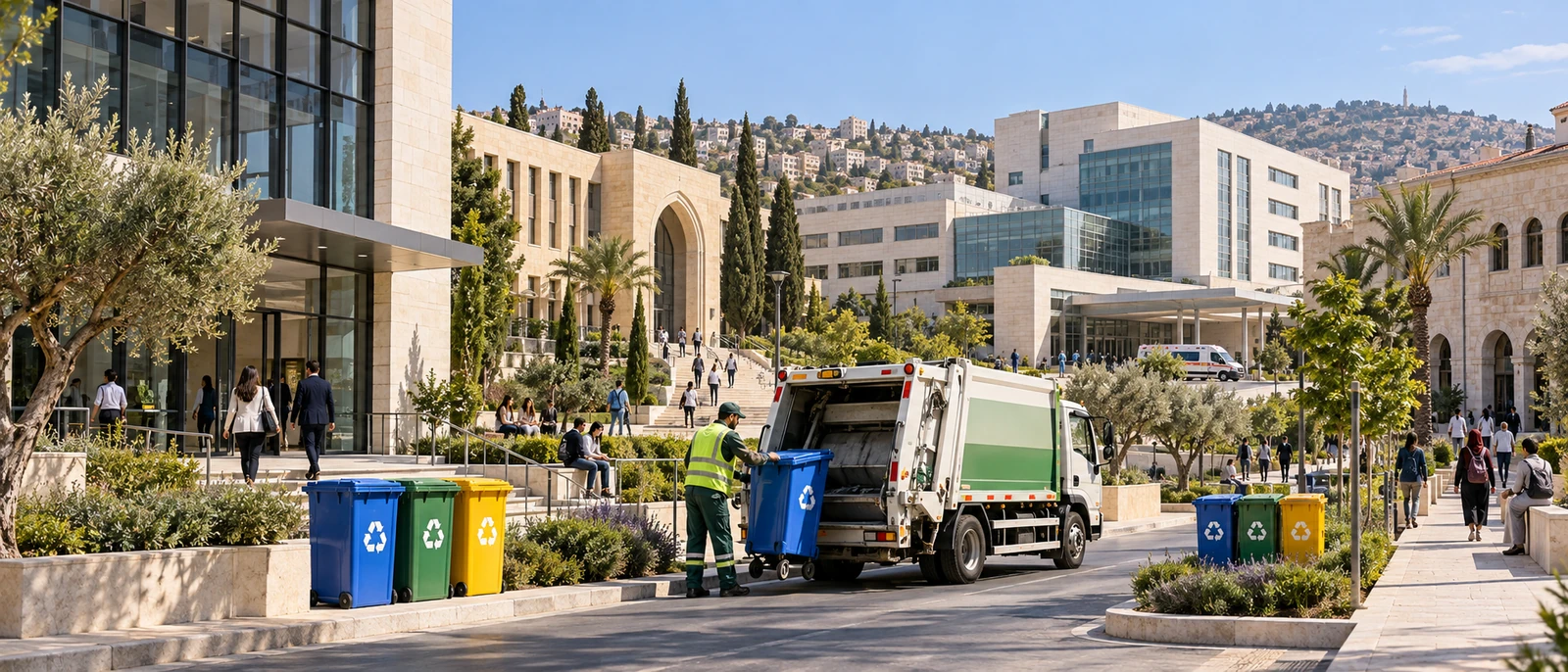 Street scene with recycling bins, a collection truck and commercial buildings.