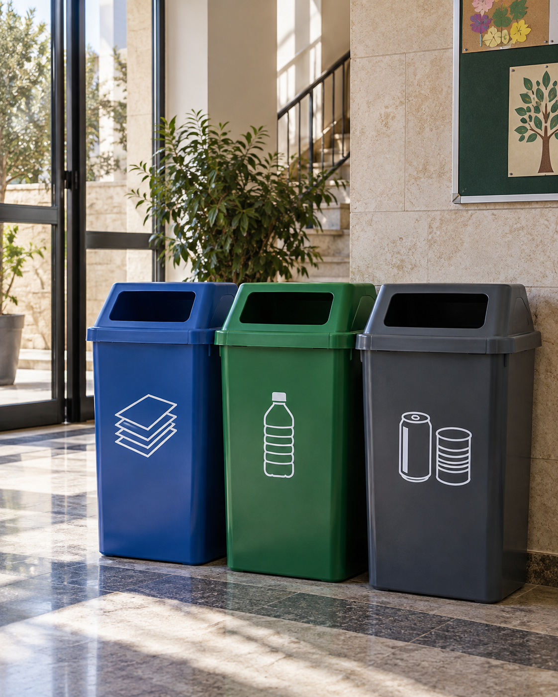 Source-separation bins for paper, plastic and metals